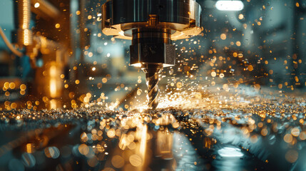 Close-up of a Metal Drill Cutting with Sparks Flying