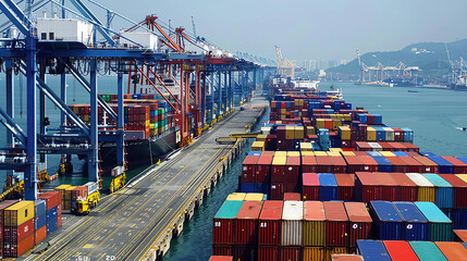 Aerial View of Cargo Ships at Port with Colorful Containers