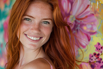 Beautiful and sensual redhead young woman smiling at the camera, posed against a vibrant colored background