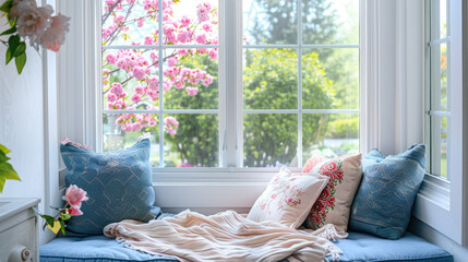 Cozy Window Seat with Pink and Blue Pillows and a View of Blooming Trees