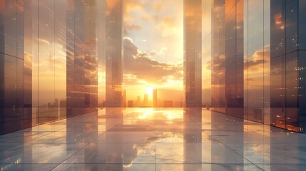 Fototapeta premium Frontal view of a sleek, futuristic cityscape, minimalist design with clean lines and glass facades, bathed in a soft, golden sunrise glow, CG 3D rendering, hyper-realistic details