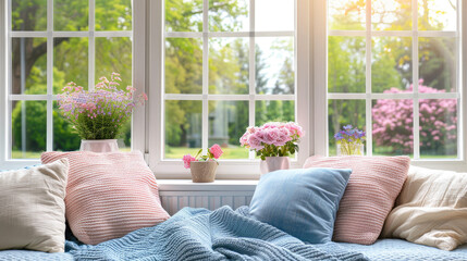 Cozy Window Seat with Pink and Blue Pillows and a View of Blooming Trees