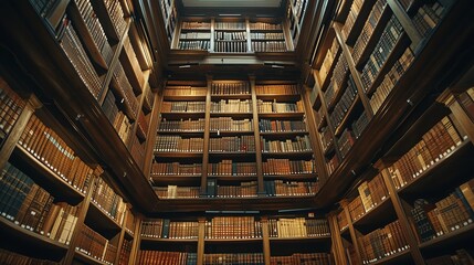 Fototapeta premium Low-angle view of an ancient library, towering bookshelves filled with classic literature, soft golden lighting casting dramatic shadows, oil painting style for a timeless feel