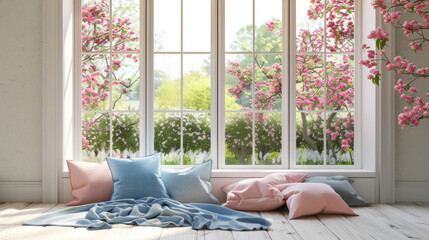 Cozy Window Seat with Pink and Blue Pillows and a View of Blooming Trees