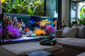Obraz premium Exotic Fish Tank Living Room Design, Marine Life, Brightly Colored Coral and Tropical Fish for Home Decor