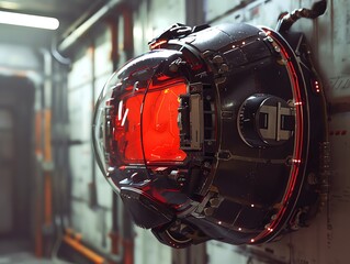 Futuristic spacecraft interior with advanced technology and a sleek, red control pod, providing a sci-fi scene of innovation and design.
