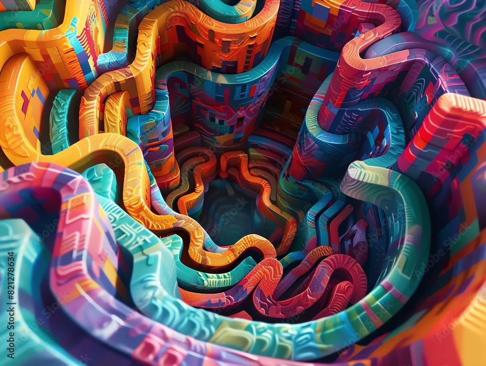 Poster vibrant and colorful abstract maze with intricate patterns and a 3d effect, evoking a sense of depth