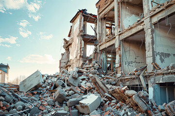 Destroyed building, conveying a scene of demolition or the aftermath of an earthquake, evoking a sense of destruction and chaos