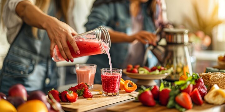 Two people are making fresh fruit drinks in a home kitchen with a colorful array of fruits