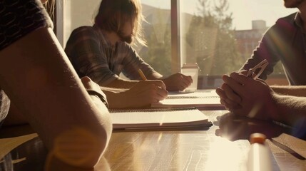 The image shows three people sitting around a table, looking at each other, and discussing something. - Powered by Adobe