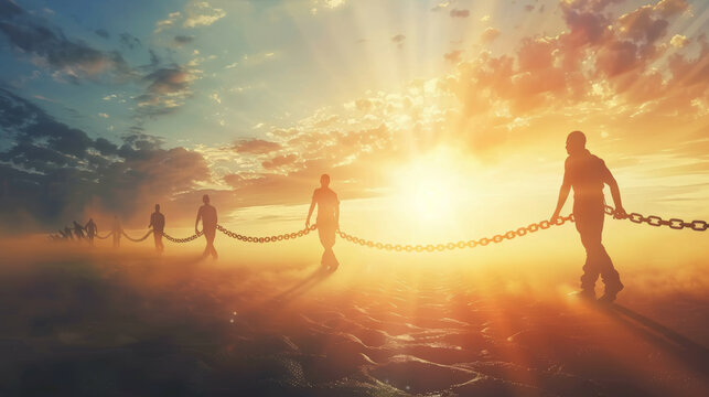 silhouettes of chained people walking along the sand against the backdrop of sunset symbolizing unity and remembrance