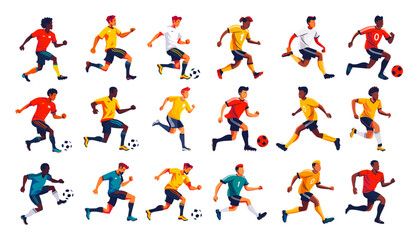 Football players cartoon vector set. Men active poses uniform ball soccer team run kick sports game champion competition characters, illustration isolated on white background