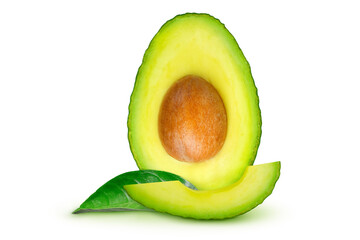 Avocado and leaf on isolated white background.