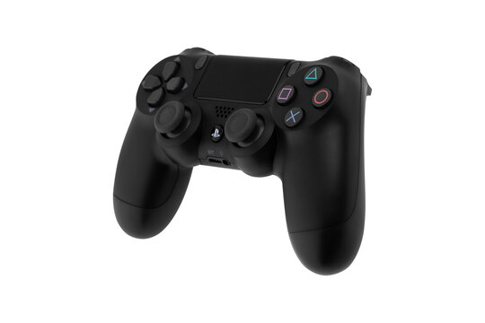Shenzhen, China - April 2023. Joystick for Sony playstation 4 on a white background. Gamepad from Sony company close-up isolated on a white background.
