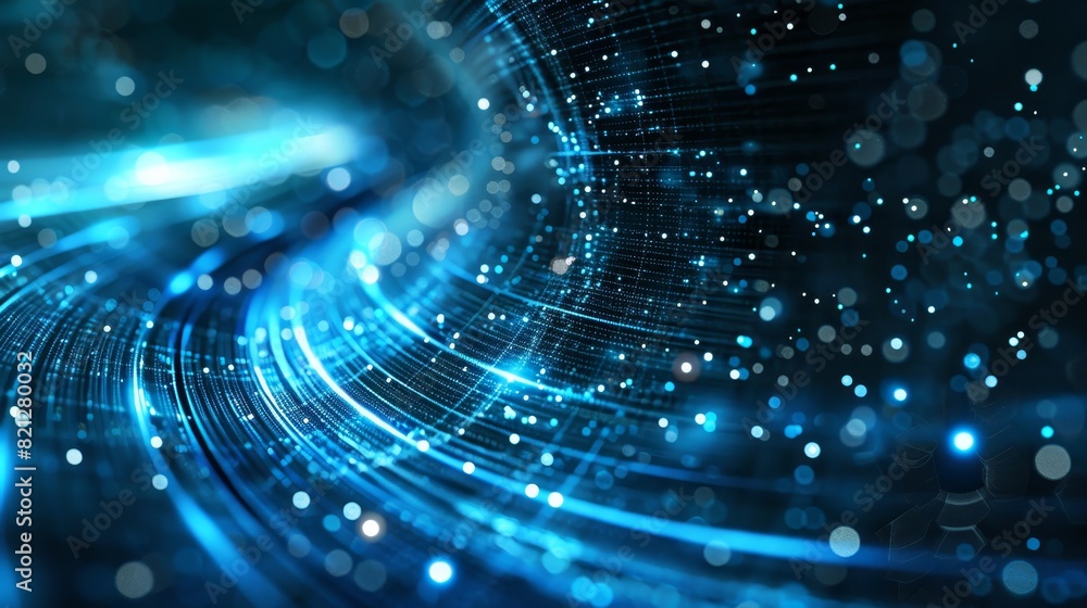 Poster abstract digital background with glowing blue lines and particles representing data flow, communicat