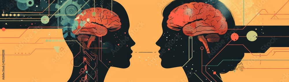 Poster abstract illustration of two heads facing each other with visible brains, connected by neural and di