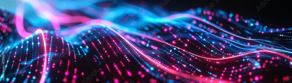 Poster abstract neon light waves with vibrant colors creating a dynamic, futuristic digital landscape that 