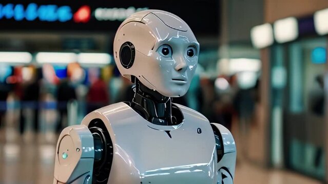Humanoid robot standing in a crowded public space