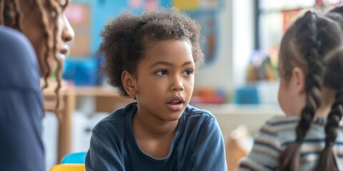 A young girl focusing during a classroom session, with other children and a teacher present, representing learning and curiosity