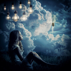 A young woman sits under a moonlit sky, surrounded by glowing bulbs, as a single electrified bulb symbolizes a moment of inspiration in a surreal setting.