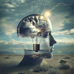 This surreal artwork depicts a human brain merged with a light bulb, set against a stormy desert landscape, symbolizing the powerful birth of an idea.