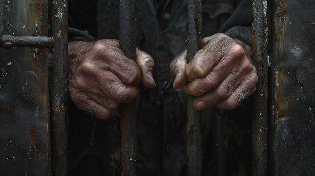 The hands of an elderly prisoner are gripping the bars of their prison cell