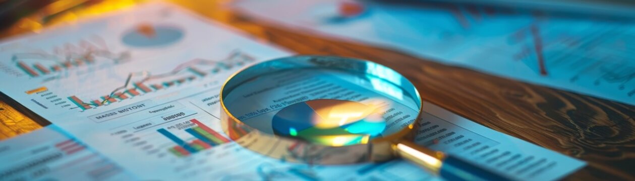 Close-up of a magnifying glass over business documents and charts, symbolizing analysis, research, and financial review.