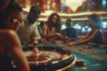 Blurred image of roulette in casino, exciting gambling atmosphere