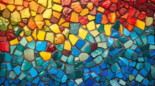 Colorful mosaic abstract background with vibrant pieces of glass in red, yellow, blue, and green hues creating a dynamic pattern.