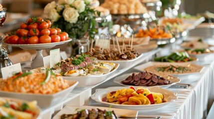 Elegant buffet spread with a variety of dishes on a beautifully arranged table, perfect for events, celebrations, and social gatherings.