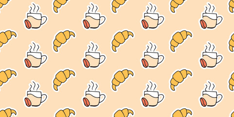 a croissant. cupcake. coffee. a cup of coffee. food. Yummy. the pattern. seamless pattern. seamless. sweets. sweet. tasty. bakery products. seed. fresh coffee. Doodle. retro palette.