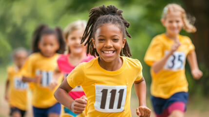 Group of joyful children in yellow T-shirts running in a race for charity, poster