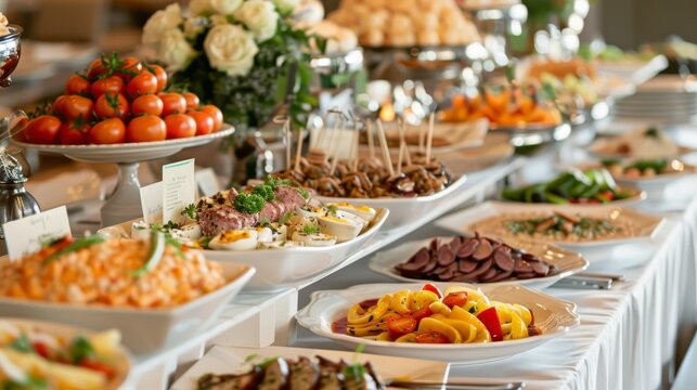 Elegant buffet spread with a variety of dishes on a beautifully arranged table, perfect for events, celebrations, and social gatherings.