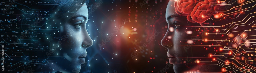 Poster futuristic digital concept image of a human and a robot face, representing advanced technology, arti