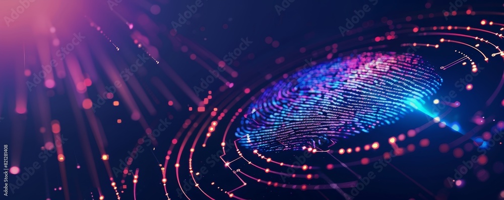 Poster futuristic digital fingerprint with glowing particles and data points on a dark background, symboliz