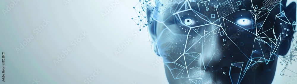 Poster futuristic digital human face with glowing eyes and geometric patterns, representing artificial inte