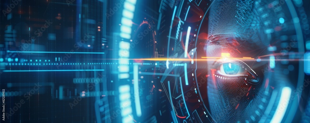 Poster futuristic digital interface with augmented reality elements and glowing blue light, representing te
