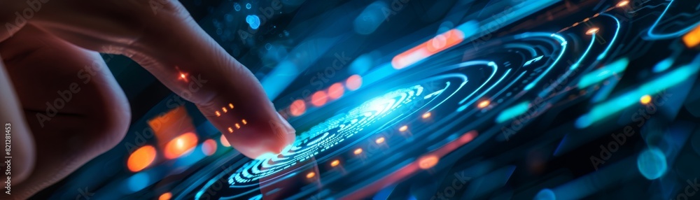 Poster futuristic fingerprint scanning technology with data visualization, highlighting digital security an