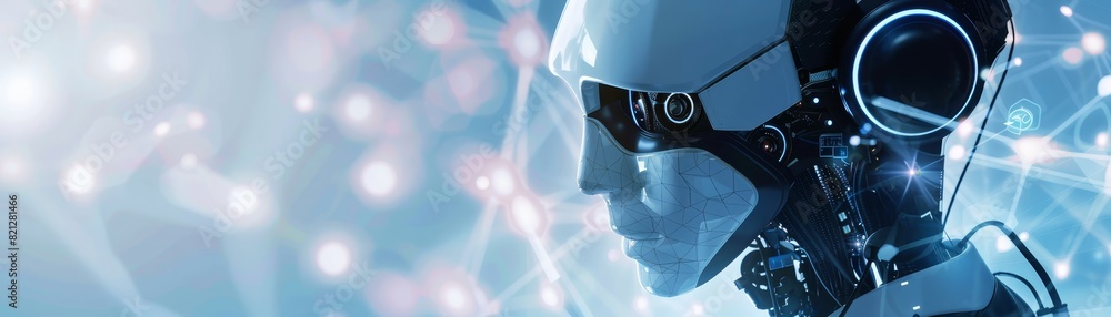 Aufkleber futuristic humanoid robot with artificial intelligence, surrounded by abstract neural network and te
