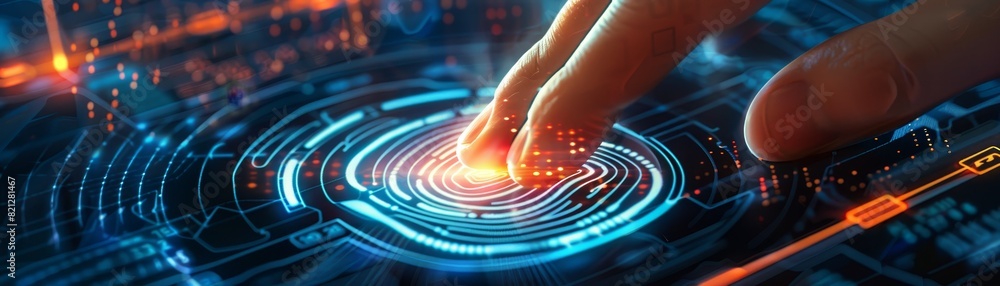 Poster futuristic interface with hand touching digital surface, representing advanced technology and innova