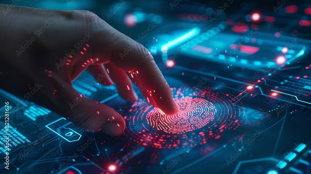 Poster hand interacting with futuristic digital touchscreen interface with holographic fingerprint scanning