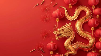 Fototapeta premium Golden dragon and red lanterns on crimson background, reflecting Chinese New Year celebrations with traditional decorations and fireworks.