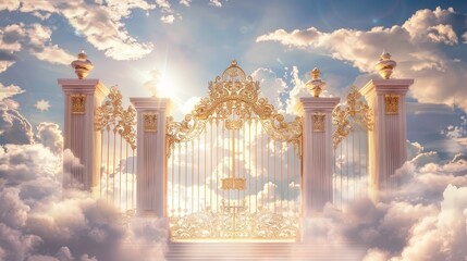 Golden gates in heaven surrounded by clouds, with sunlight breaking through, creating a divine and ethereal atmosphere.