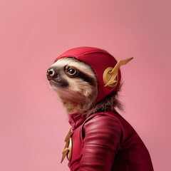 Portrait of cute sleepy sloth dressed in Flash costume, studio photo, minimalistic studio photography. the background is pink, copy space