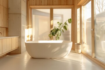 Minimalist Scandinavian Bathroom with Oval Tub and Natural Light for Modern Home Interiors