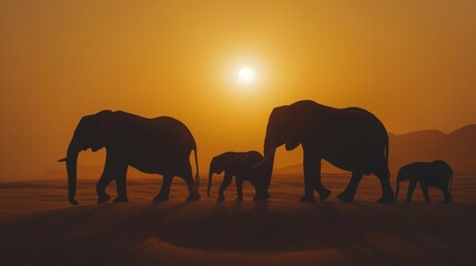 Fototapeta na wymiar A family of elephants trekking through the African desert, their silhouettes against the setting sun creating a breathtaking scene. 32k, full ultra HD, high resolution