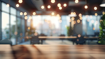 Fototapeta premium Wooden Tabletop with Blurred Modern Office Interior Background