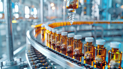 Pharmaceutical Production Line with Vials on Conveyor Belt
