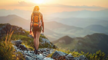 The image shows a woman hiking on a mountain trail. She is wearing a backpack and hiking boots. The sun is setting in the background. The image is peaceful and serene.