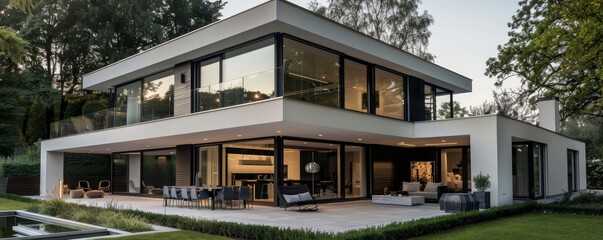 Obraz premium Modern two-story house with large windows, outdoor seating area, and lush green surroundings, showcasing contemporary architectural design.